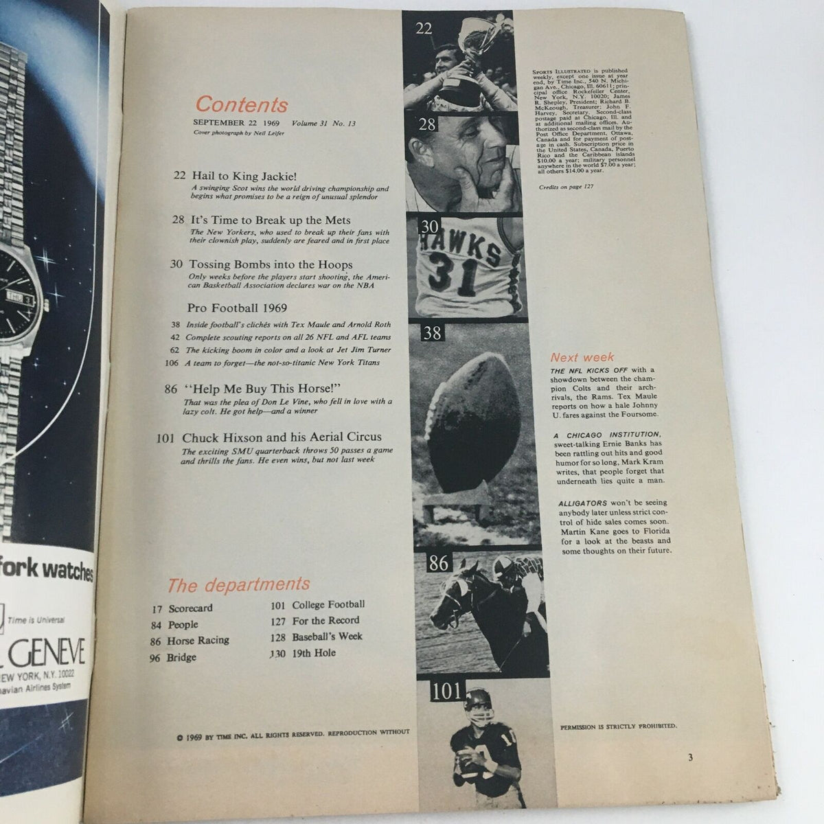 Contents page of Sports Illustrated Magazine September 22 1969, detailing articles including Pro Football and featuring Jim Turner of the Jets.