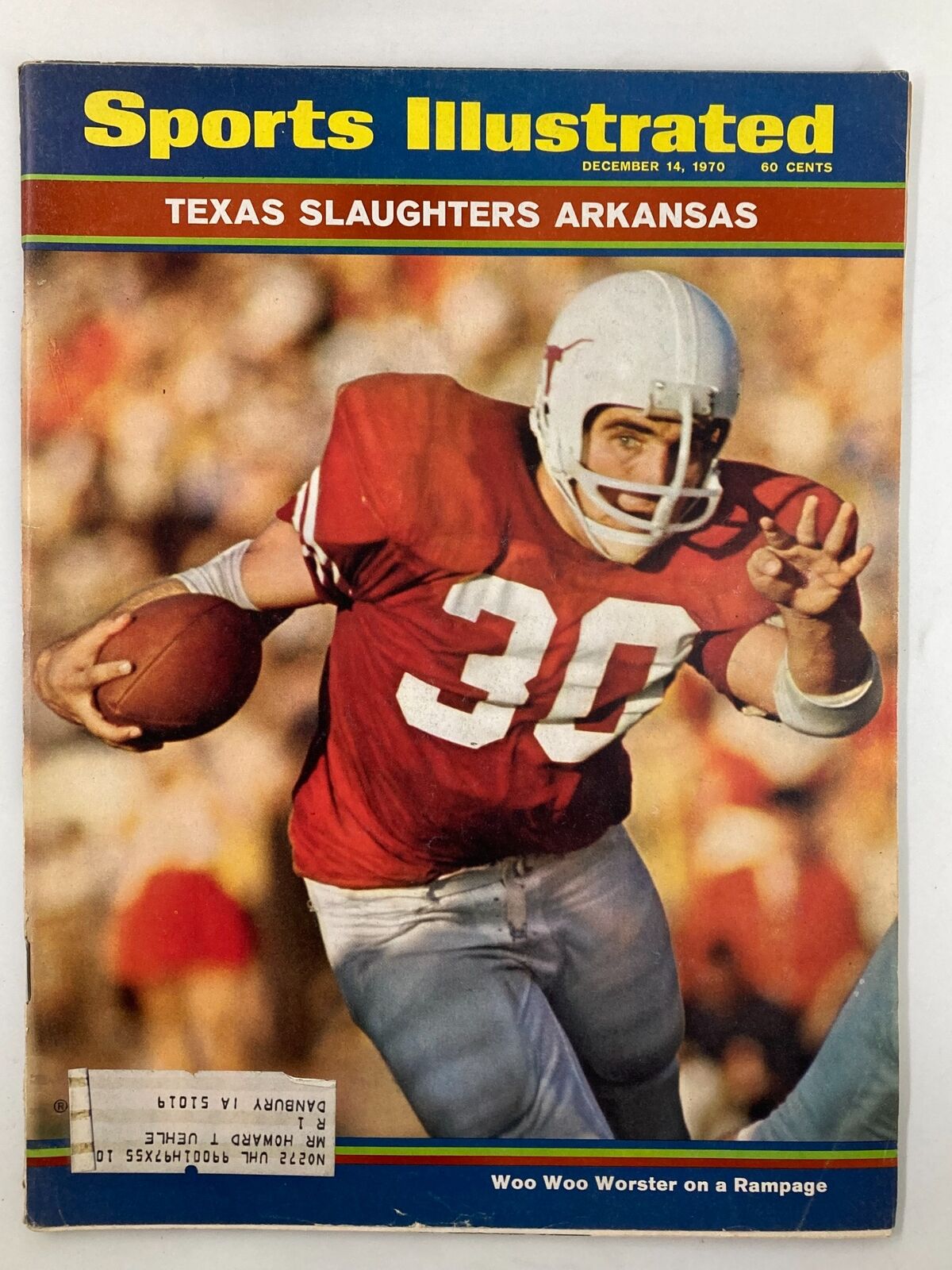 Cover of Sports Illustrated Magazine from December 14, 1970 featuring Woo Woo Worster on a Rampage, showcasing a football player in action wearing the number 30 jersey, capturing the essence of 1970s sports culture.
