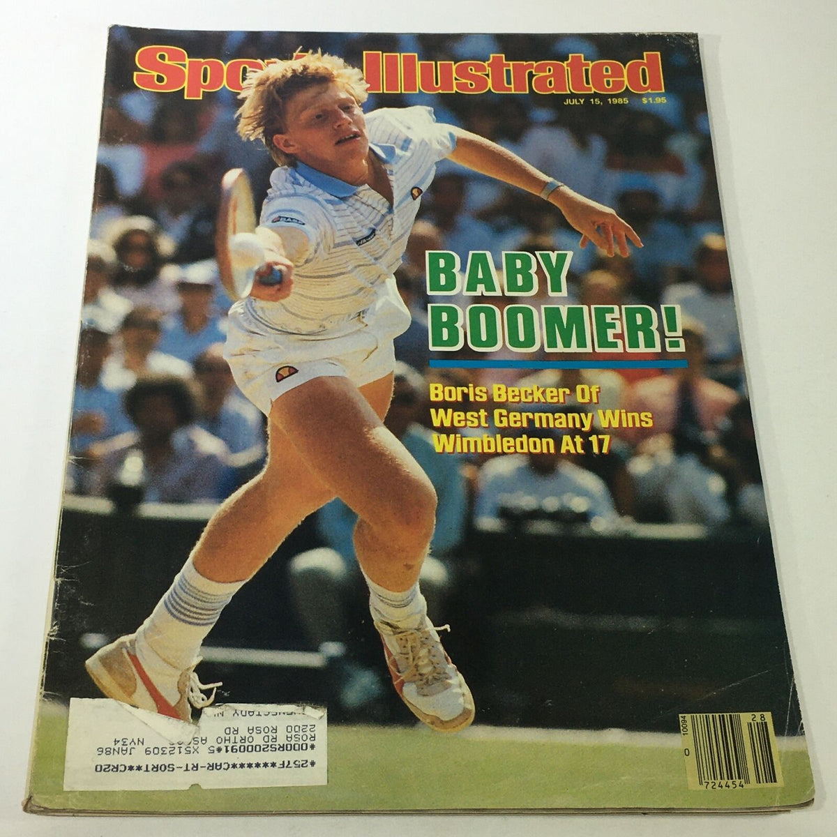 Sports Illustrated Magazine cover from July 15, 1985 featuring Boris Becker, highlighting his historic Wimbledon win at 17, titled 'Baby Boomer!'