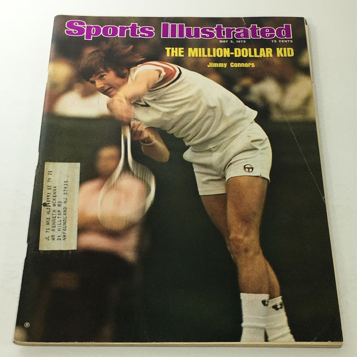 Cover of Sports Illustrated magazine dated May 5, 1975, featuring Jimmy Connors, known as 'The Million-Dollar Kid', playing tennis.