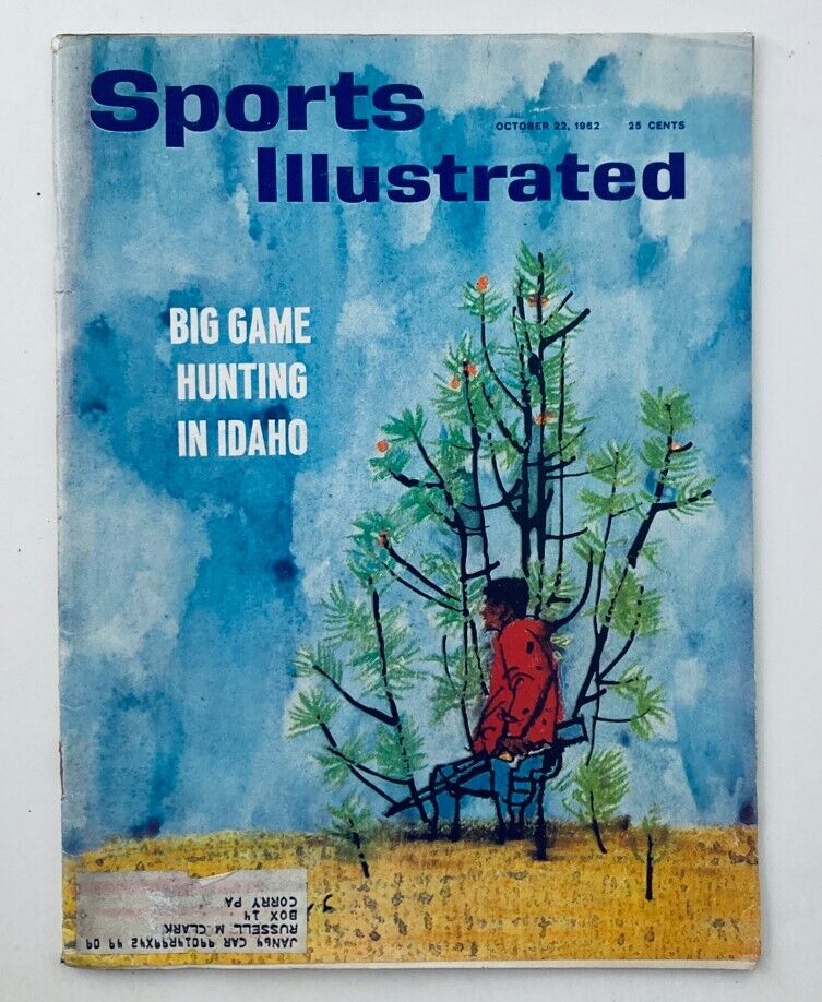Vintage Sports Illustrated Magazine cover from October 22, 1962 featuring Big Game Hunting in Idaho. Showcases a colorful illustration with a hunter amidst trees.