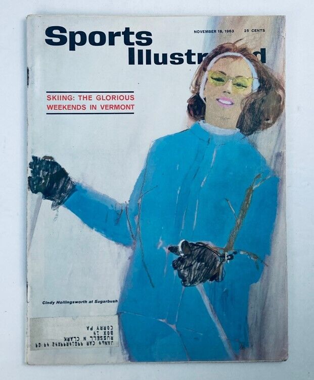 VTG Sports Illustrated Magazine November 18 1963 Cover featuring Cindy Hollingsworth skiing at Sugarbush, showcasing vintage sports illustration.
