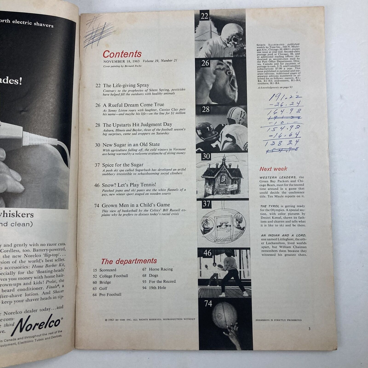 Page from VTG Sports Illustrated Magazine November 18 1963 with table of contents including articles on sports and highlights from Volume 19, Issue 21.