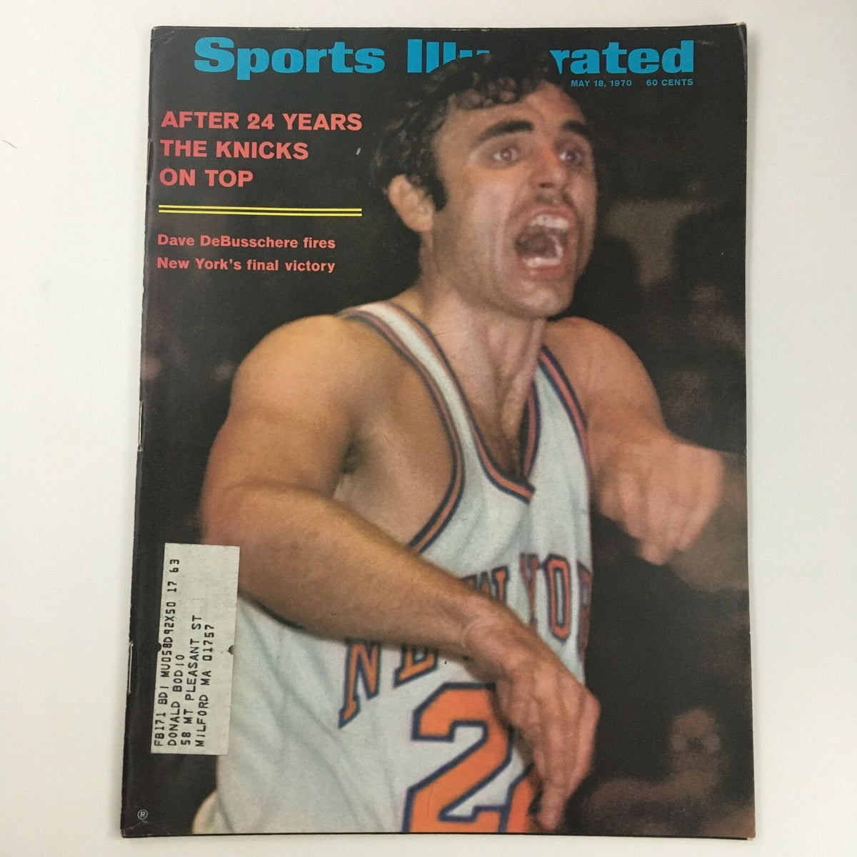 Cover of Sports Illustrated Magazine dated May 18, 1970 featuring Dave DeBusschere celebrating New York's final victory in a dynamic pose, showcasing the excitement of this historic moment in basketball.