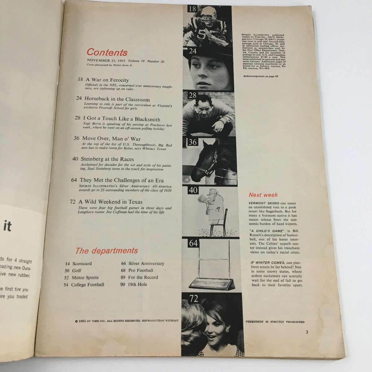 Table of contents page from Sports Illustrated Magazine, November 11, 1963, listing articles including 'War on Ferocity' and other features related to sports.