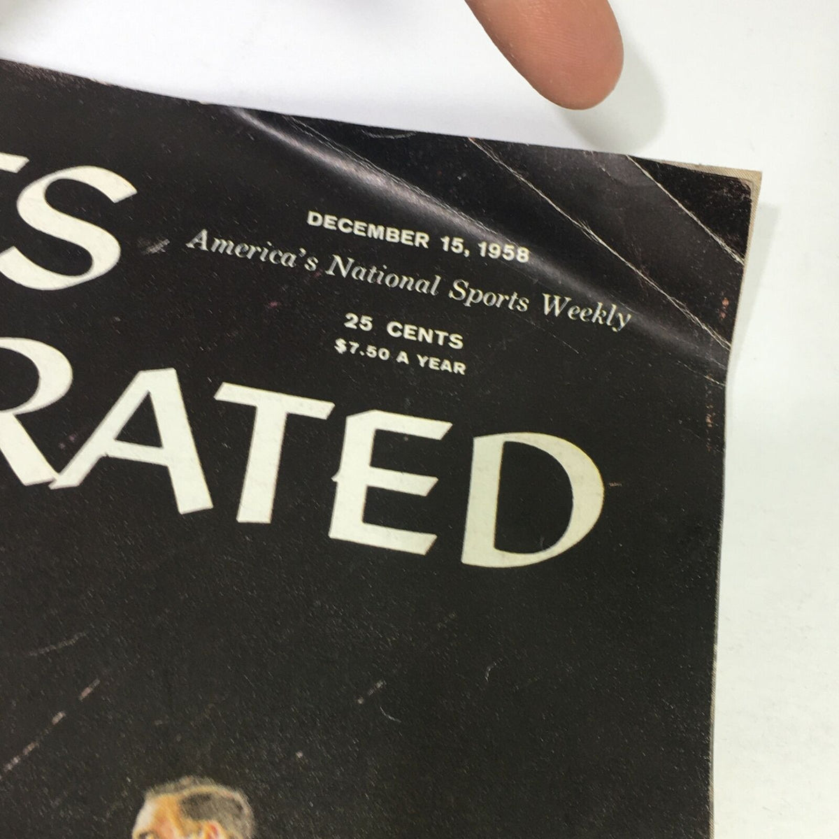 Close-up of the cover of the VTG Sports Illustrated Magazine from December 15, 1958, showcasing the date, price, and its recognition as America's National Sports Weekly.