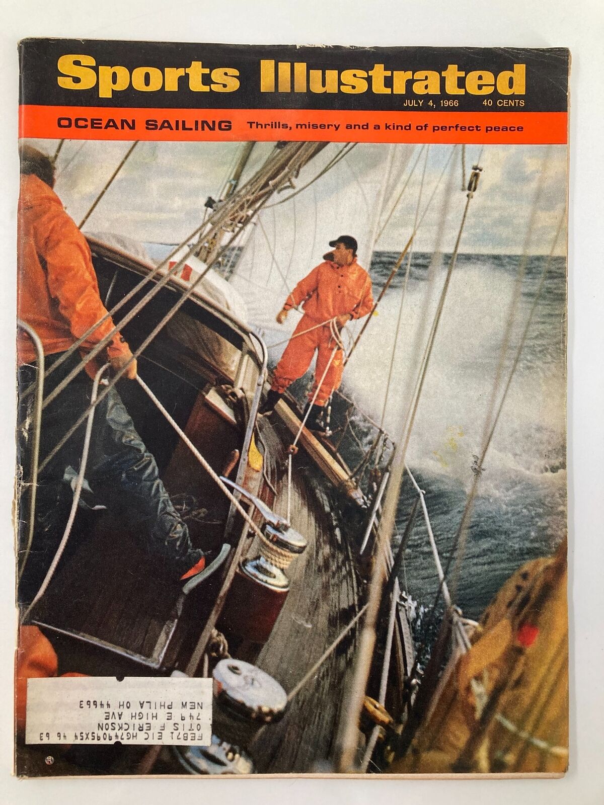 Cover of VTG Sports Illustrated Magazine July 4 1966 featuring ocean sailing with the title 'Thrills, Misery, and a Kind of Perfect Peace.' The image shows sailors on a yacht during a dynamic sailing experience.
