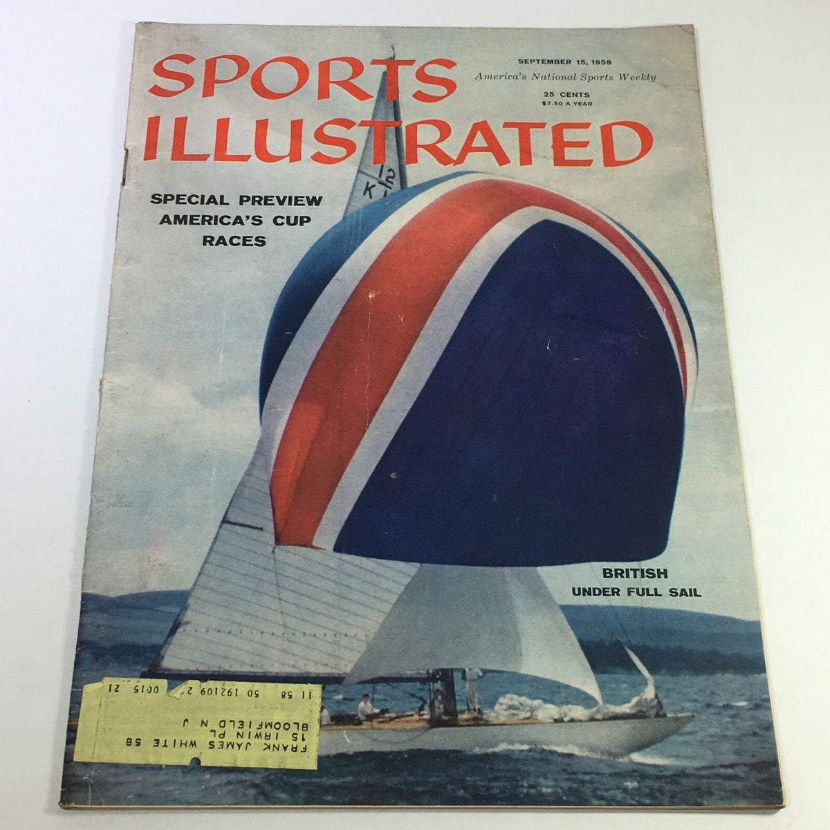 Cover of VTG Sports Illustrated Magazine September 15 1958 featuring a colorful sailboat with a British flag design, under full sail, marking a significant moment in sports history.