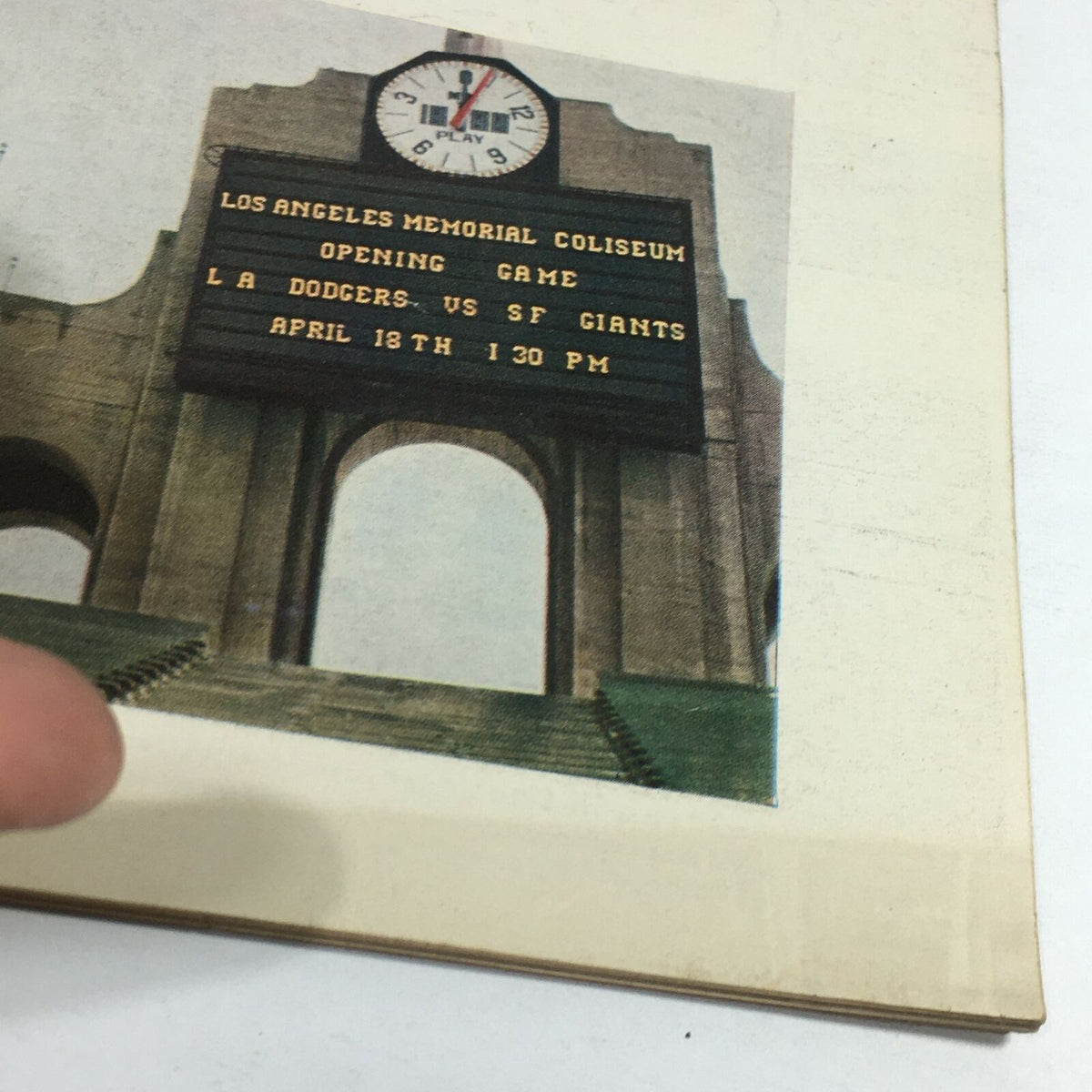 Image of the Los Angeles Memorial Coliseum scoreboard shown in the VTG Sports Illustrated Magazine March 24, 1958, announcing the opening game between LA Dodgers and SF Giants.