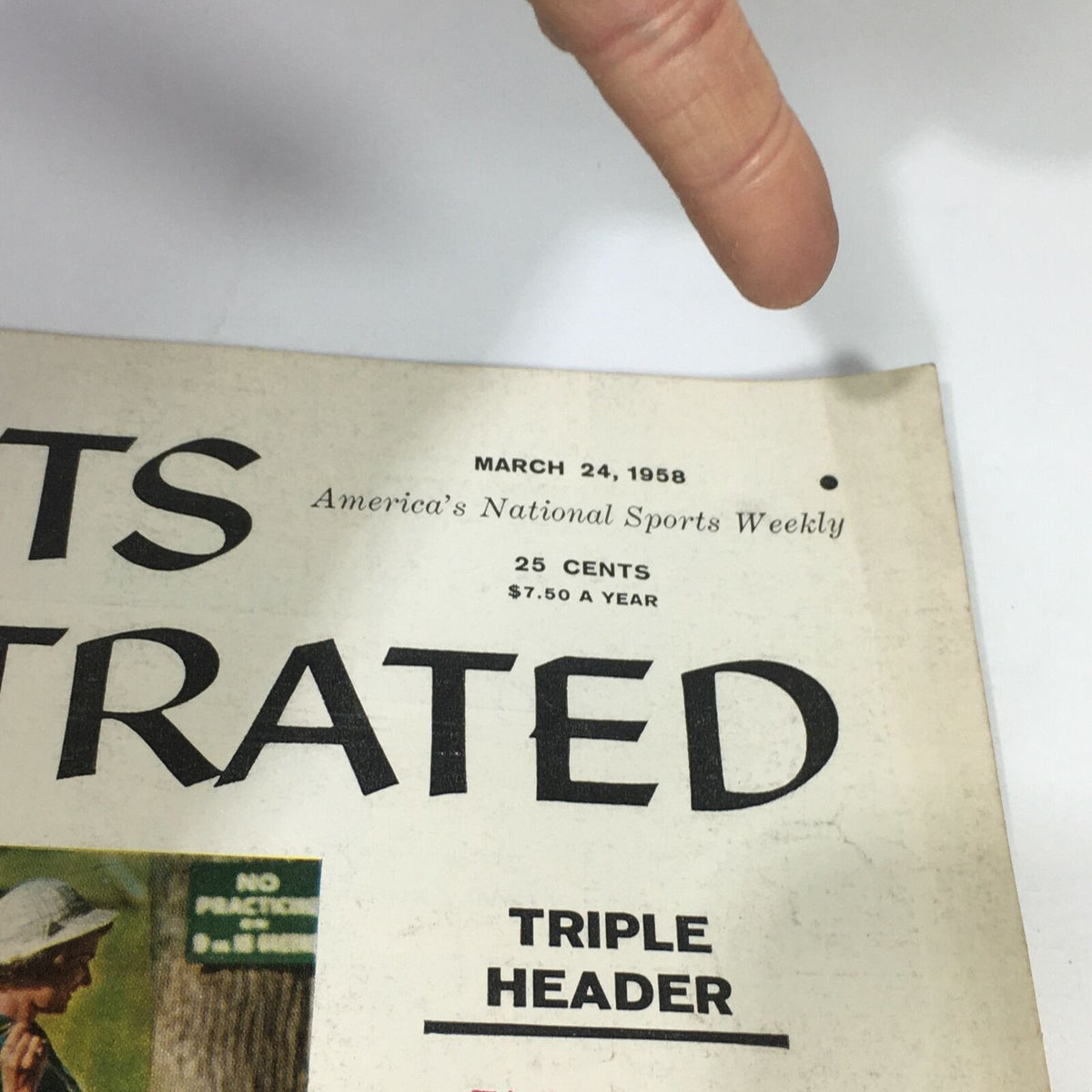 Close-up view of the header and date on the cover of VTG Sports Illustrated Magazine March 24, 1958, highlighting its vintage charm and sports significance.
