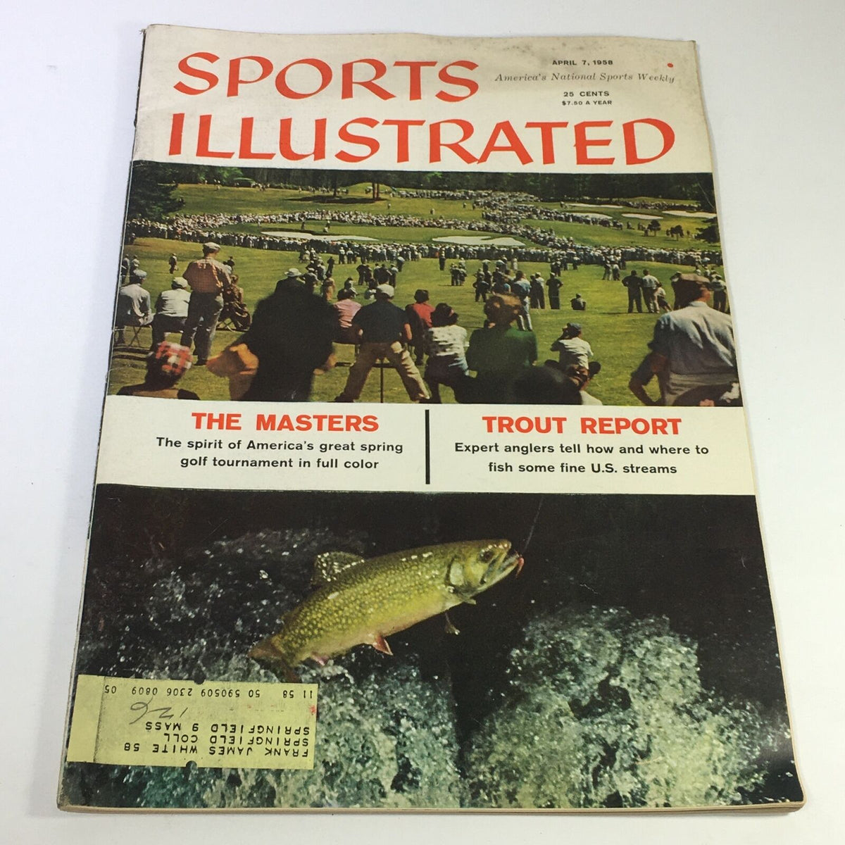 VTG Sports Illustrated Magazine April 7 1958 featuring coverage of The Masters golf tournament and Trout Report, showcasing a vintage magazine cover with a picturesque golf scene and a trout image.