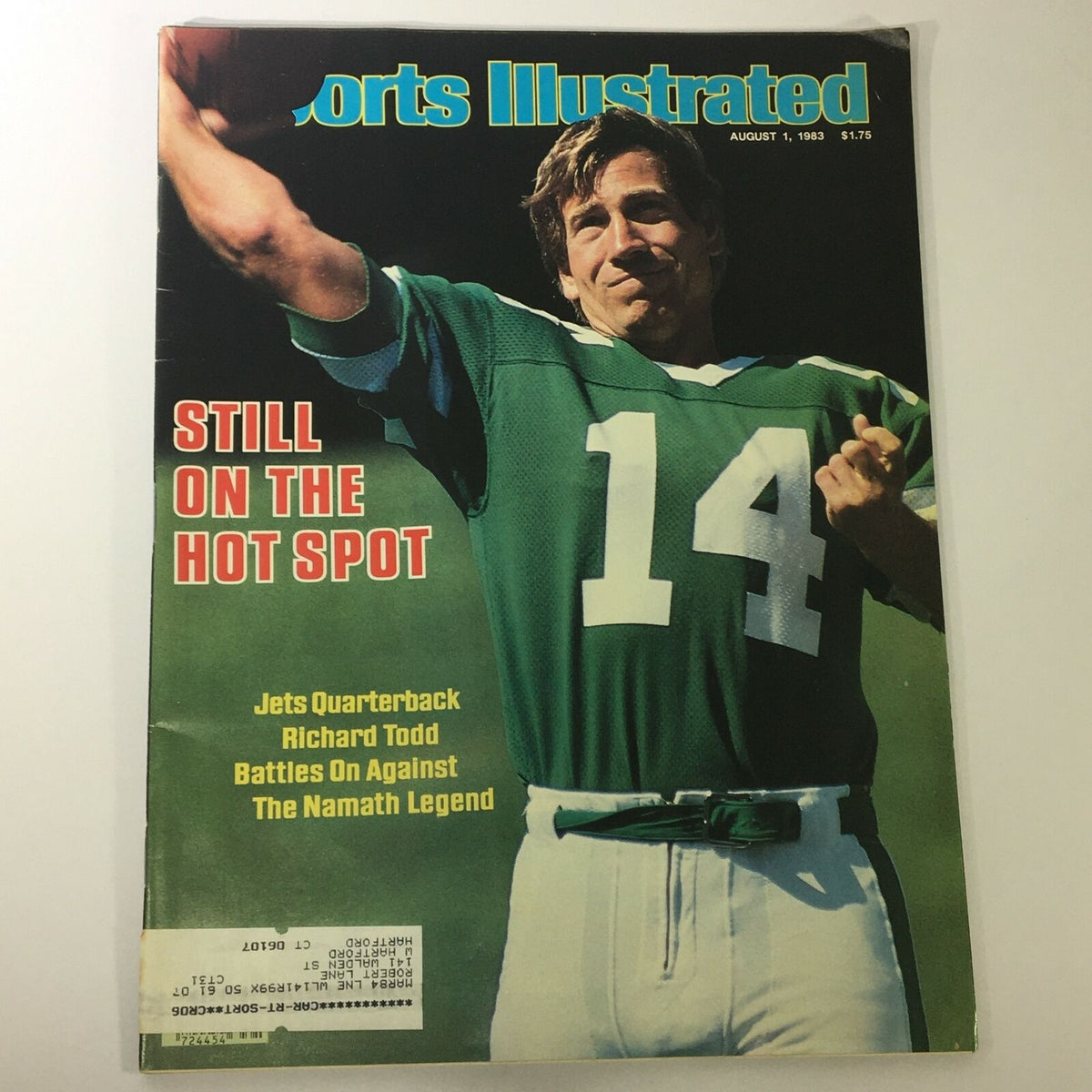 VTG Sports Illustrated Magazine August 1 1983 featuring Jets Quarterback Richard Todd on the cover, showcasing him in a green jersey throwing a football.
