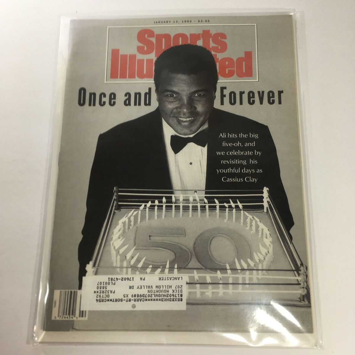 Sports Illustrated cover from January 13, 1992, featuring Cassius Clay celebrating his youthful days with a boxing ring theme, highlighting his legacy in sports history.