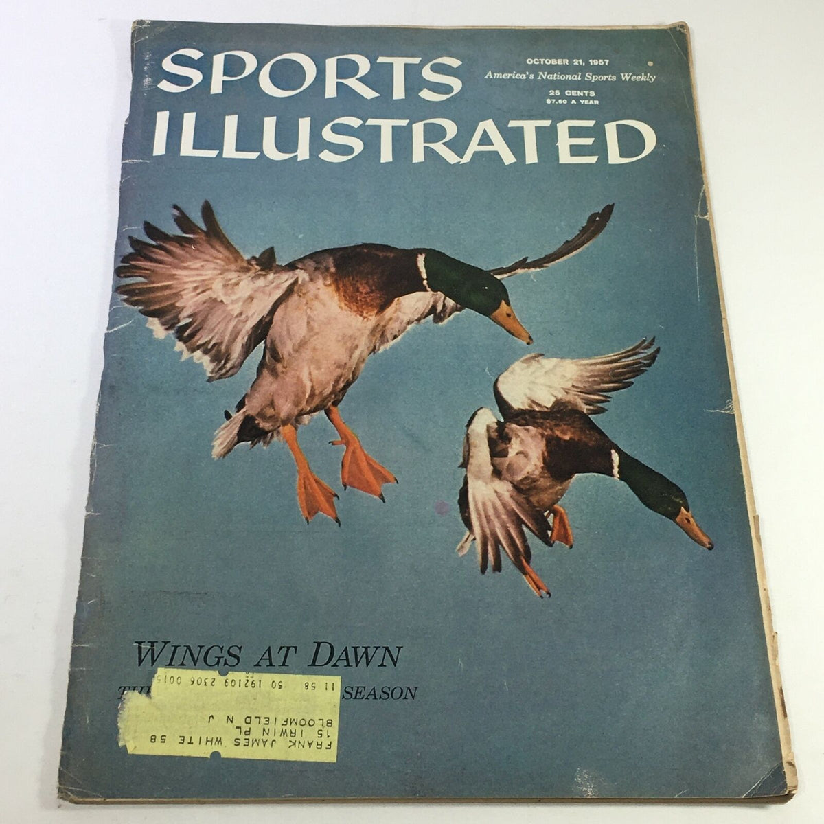 Vintage Sports Illustrated Magazine from October 21, 1957 titled 'Wings at Dawn' featuring ducks in flight on the cover.