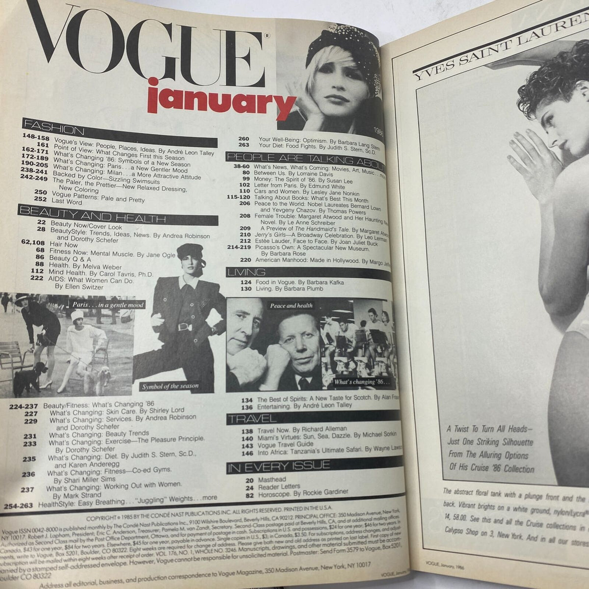 Interior page of the January 1986 issue of Vogue magazine featuring the title 'Vogue January', showcasing sections such as Fashion, Beauty and Health, and advertisements from the era. A collectible piece highlighting 1980s fashion and culture.