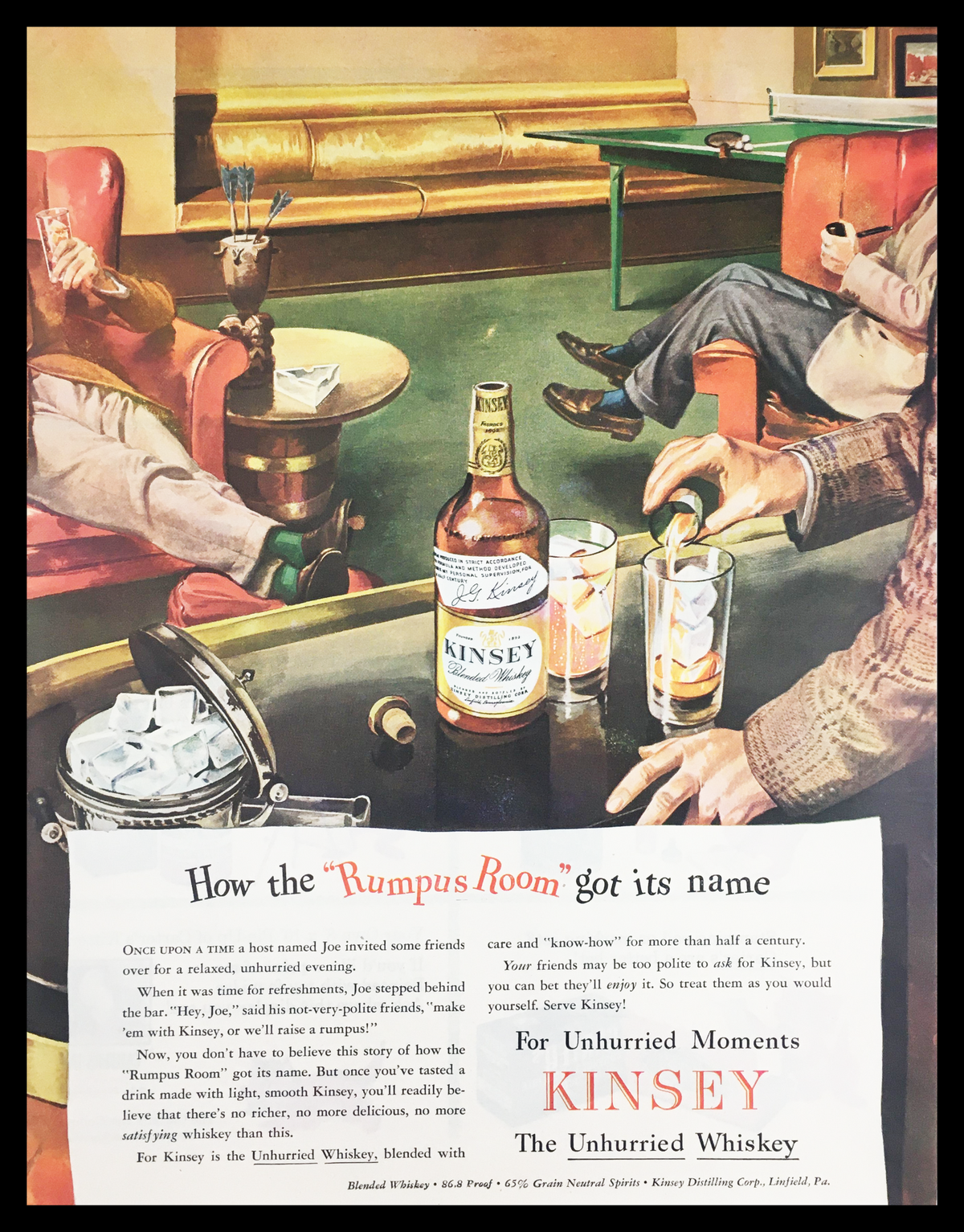 1945 Kinsey The Unhurried Blended Whiskey Vintage Print Ad featuring a social gathering with friends enjoying drinks in a stylish lounge, highlighting Kinsey whiskey with an elegant presentation.