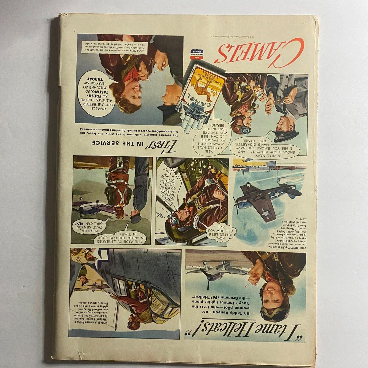 Back cover of Life Magazine June 12, 1944 featuring an advertisement for Camel cigarettes, highlighting the wartime theme with illustrations of planes and servicemen, emphasizing the period's culture.
