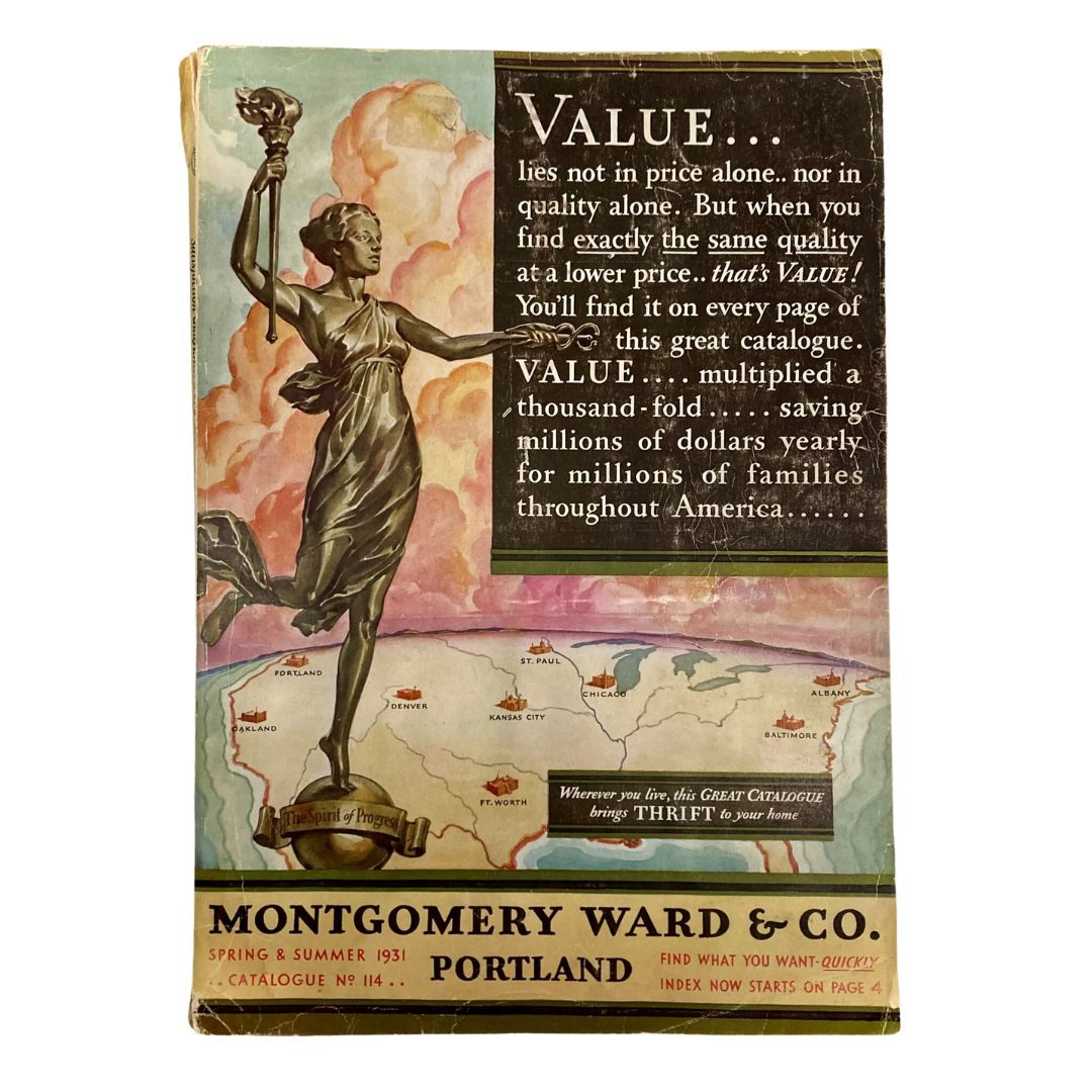 Cover of the Spring & Summer 1931 Montgomery Ward & Co. Catalogue No. 114 Portland, featuring a statue representing value and quality in retail, surrounded by colorful illustrations.