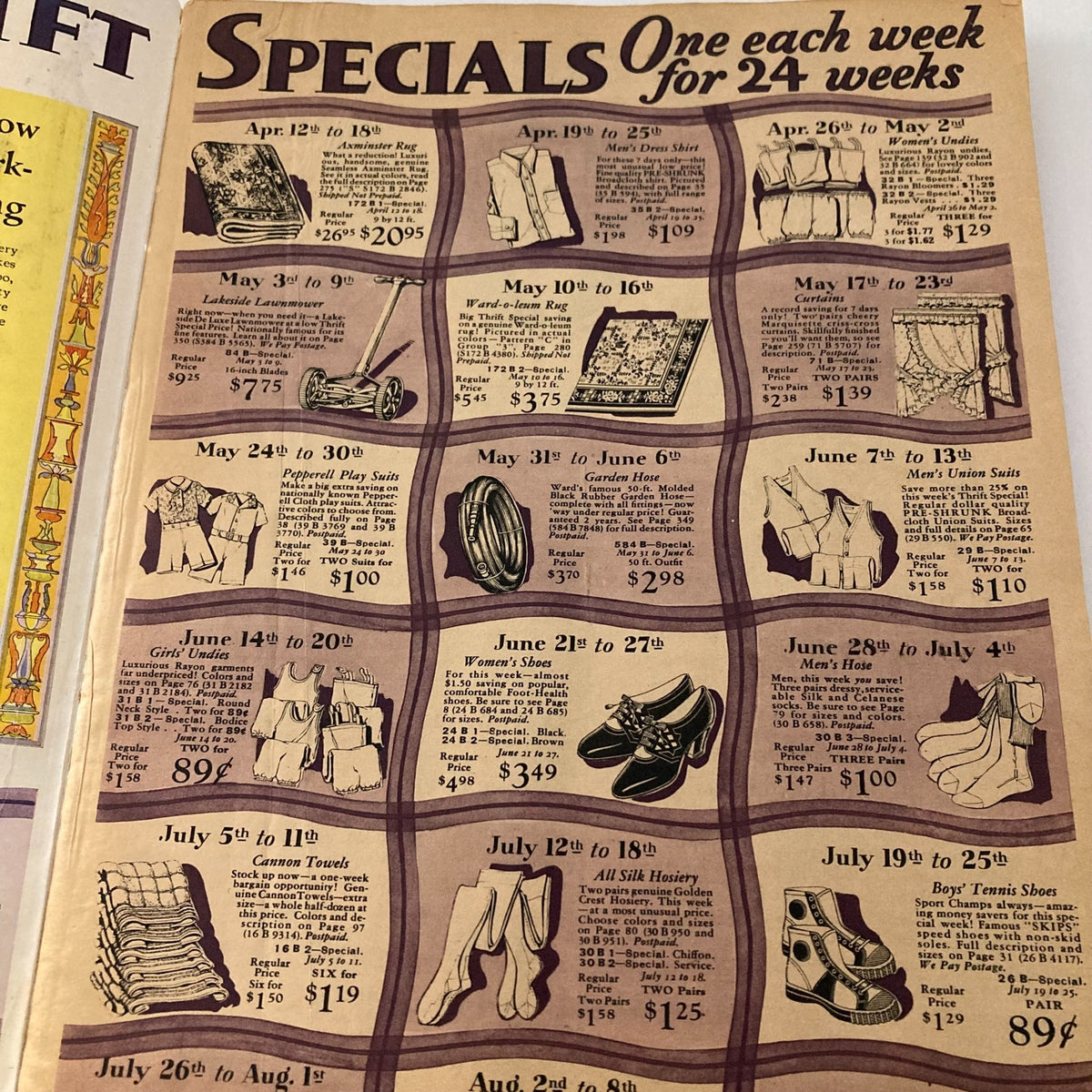 Page from the Spring & Summer 1931 Montgomery Ward & Co. Catalogue No. 114 Portland showcasing weekly specials on various clothing items, with prices and product descriptions.