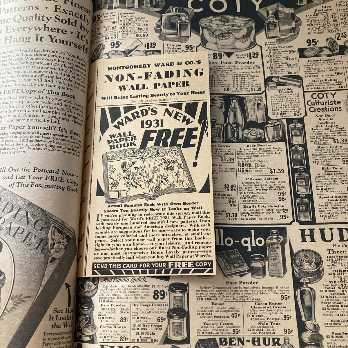Spring & Summer 1931 Montgomery Ward & Co. Catalogue No. 114 Portland featuring advertising for Non-Fading Wall Paper and the offer of a free wallpaper book.