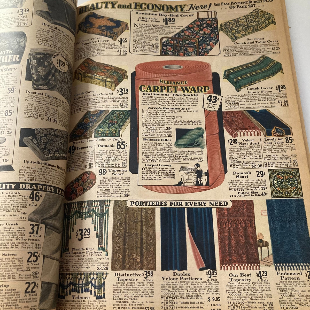 Spring & Summer 1931 Montgomery Ward & Co. Catalogue No. 114 Portland presenting various home décor including carpets, tapestry covers, and curtain fabrics.