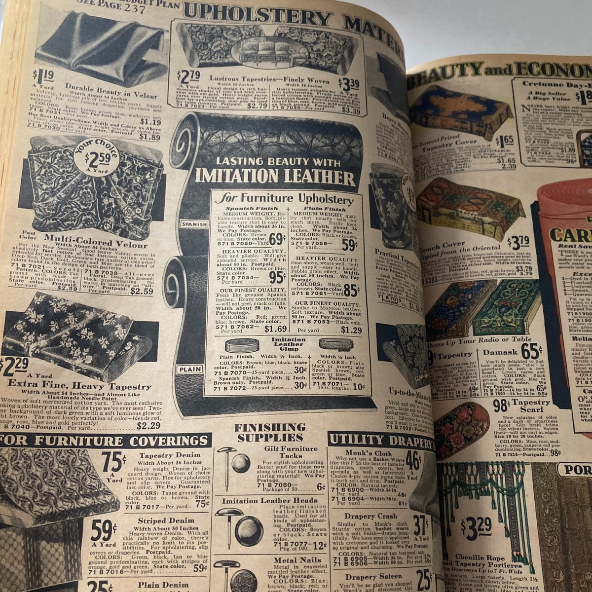 Spring & Summer 1931 Montgomery Ward & Co. Catalogue No. 114 Portland displaying upholstery materials including imitation leather and multi-colored velour.
