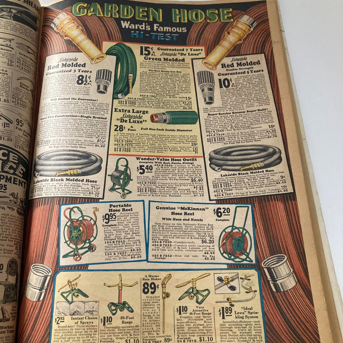Spring & Summer 1931 Montgomery Ward & Co. Catalogue No. 114 Portland listing garden hoses and related gardening accessories with pricing details.