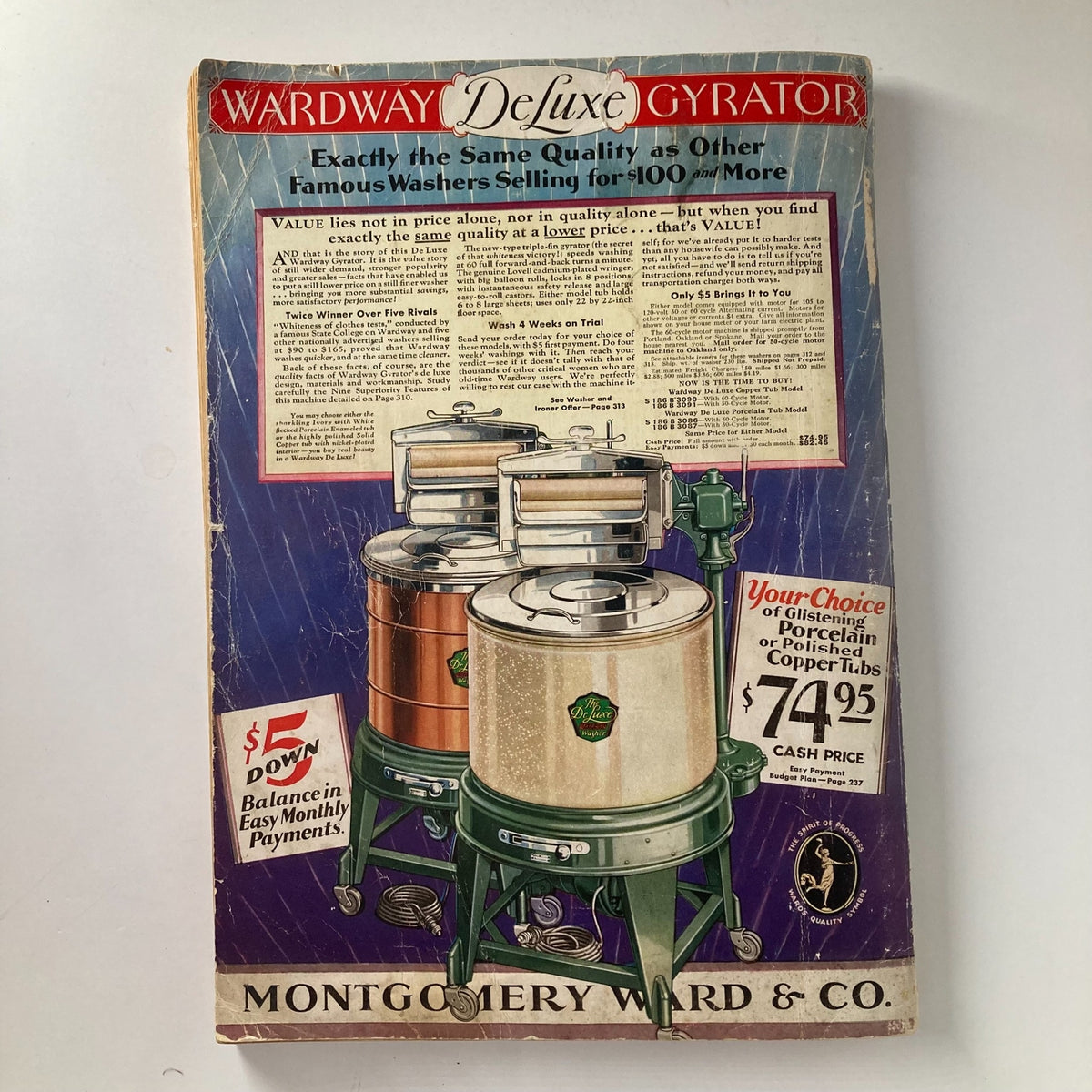 Spring & Summer 1931 Montgomery Ward & Co. Catalogue No. 114 Portland showing Wardway Deluxe Gyrator washing machines, emphasizing value and quality for household laundry.