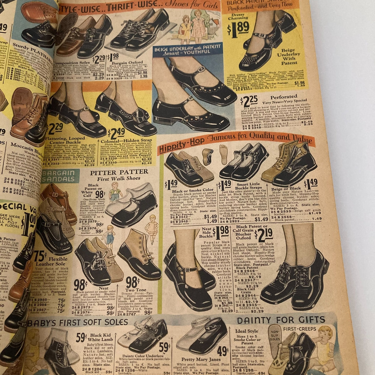 Footwear section from the Spring & Summer 1931 Montgomery Ward & Co. Catalogue No. 114 Portland displaying a variety of girls' shoes, with prices and stylish designs.