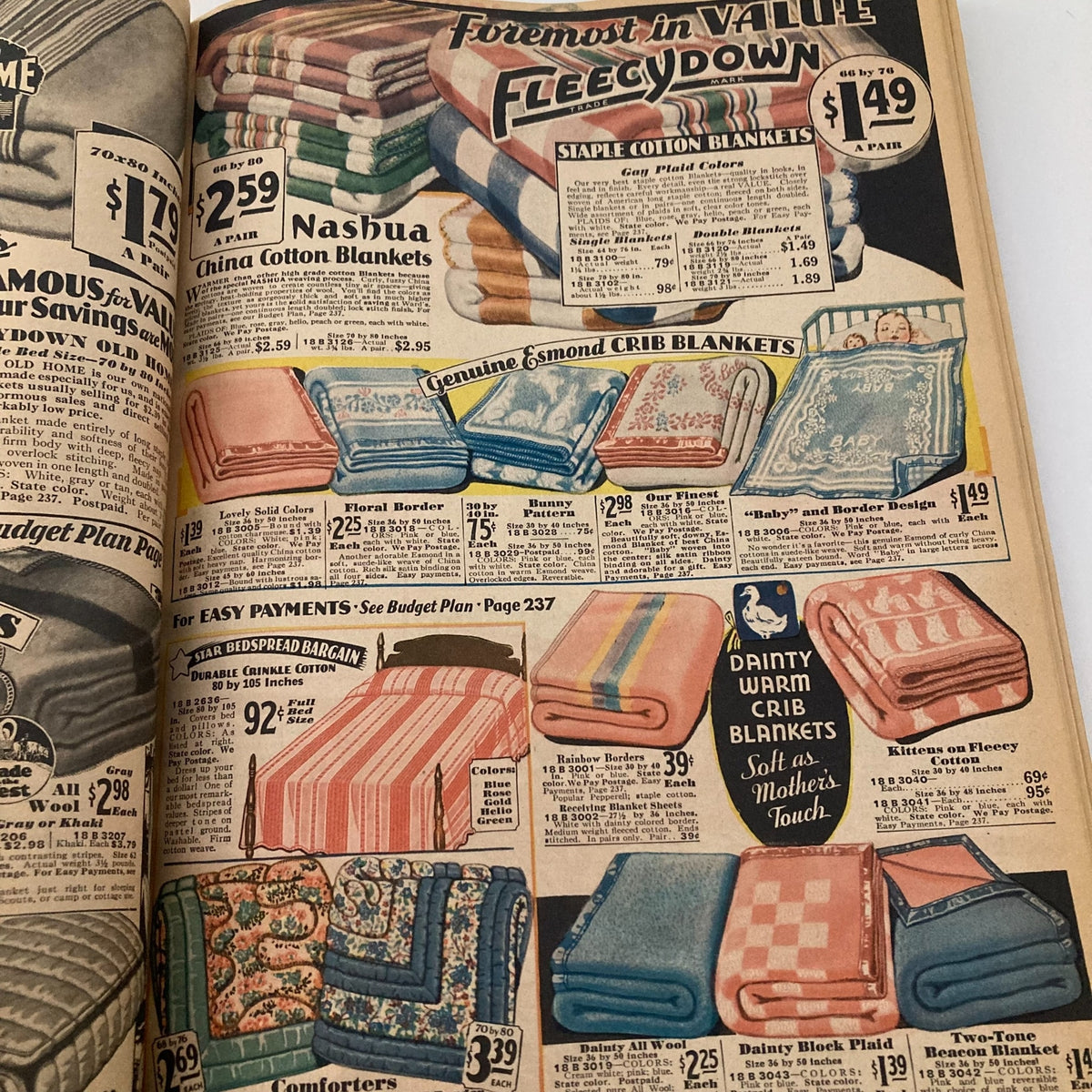Spring & Summer 1931 Montgomery Ward & Co. Catalogue No. 114 Portland, featuring an array of cotton blankets and crib blankets with prices and patterns.