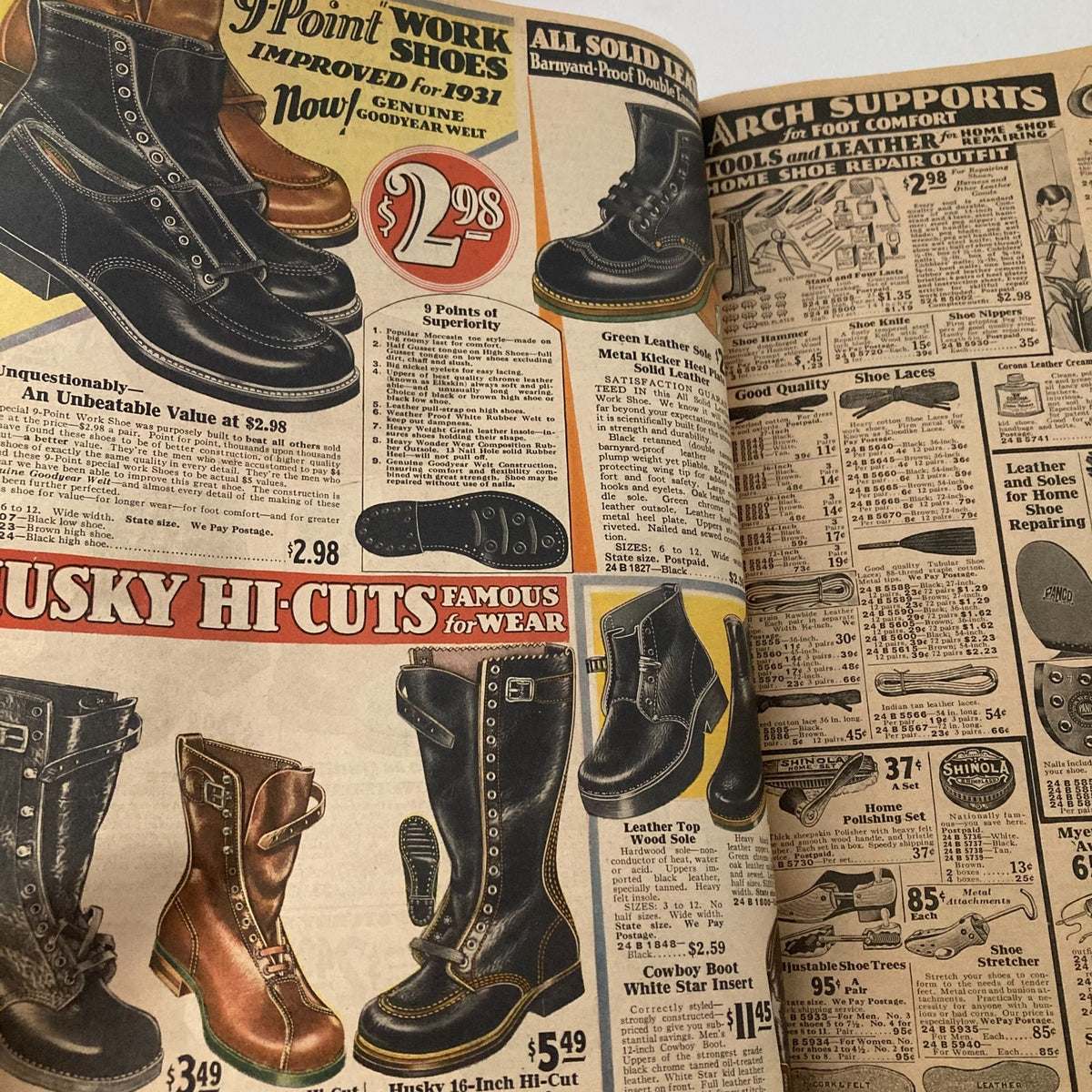 Spring & Summer 1931 Montgomery Ward & Co. Catalogue No. 114 Portland, showcasing various styles of work shoes, including Husky Hi-Cuts, with pricing details.