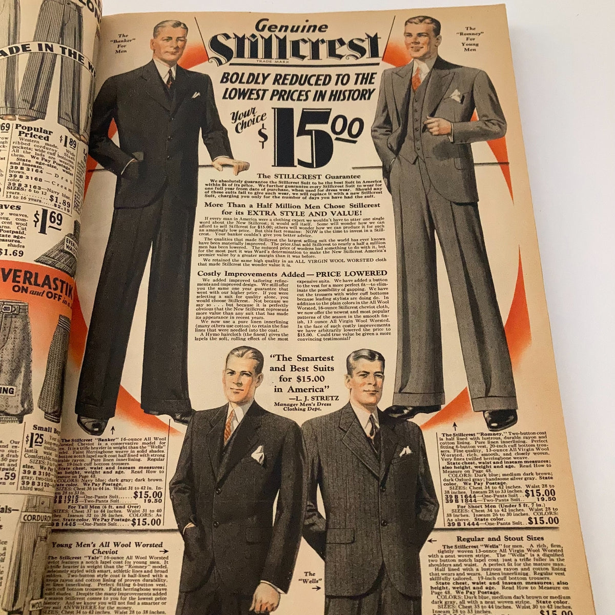 Spring & Summer 1931 Montgomery Ward & Co. Catalogue No. 114 Portland, displaying men's suit options from the Genuine stillcrest line with pricing information.