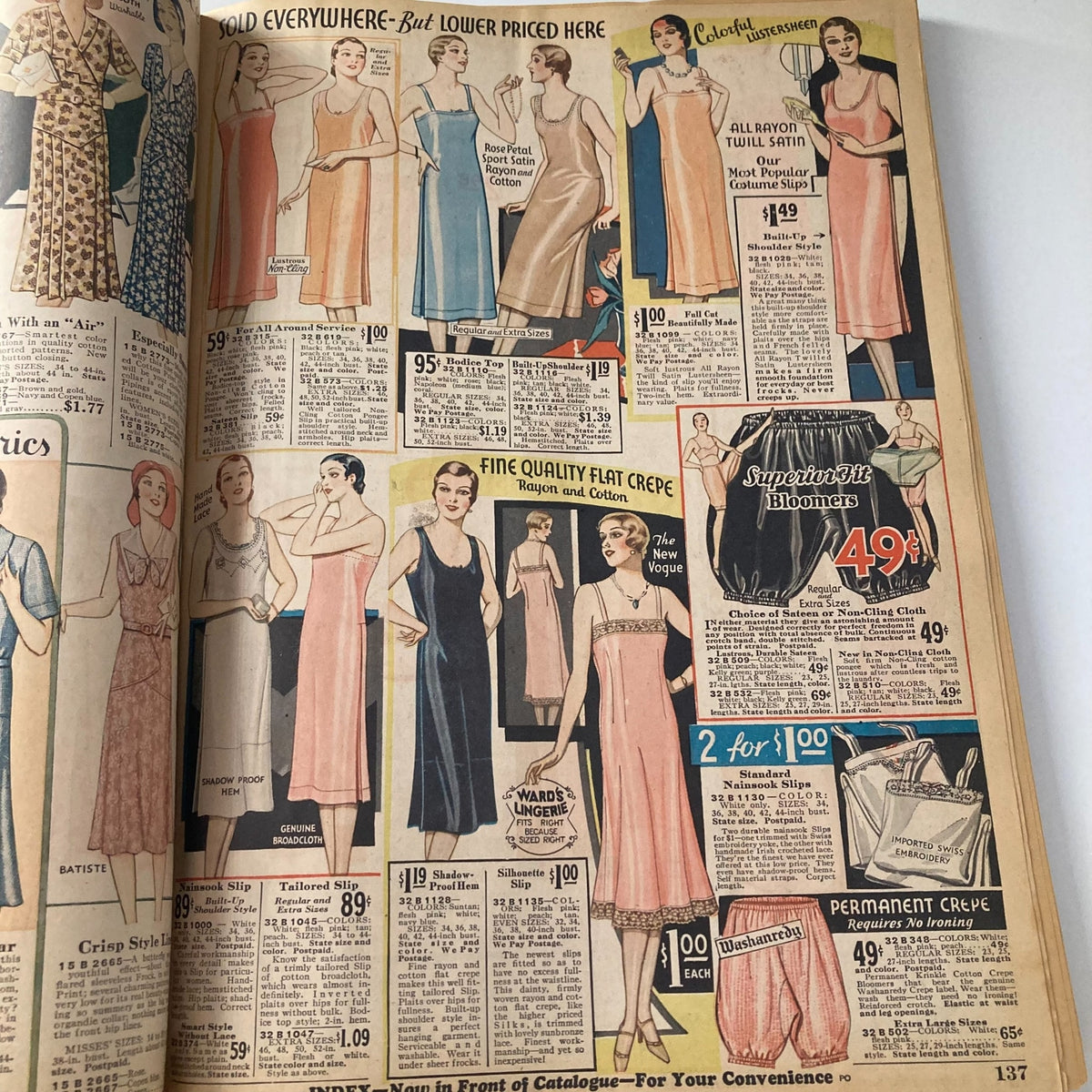 Spring & Summer 1931 Montgomery Ward & Co. Catalogue No. 114 Portland, featuring women's dresses and slips available for purchase with pricing.