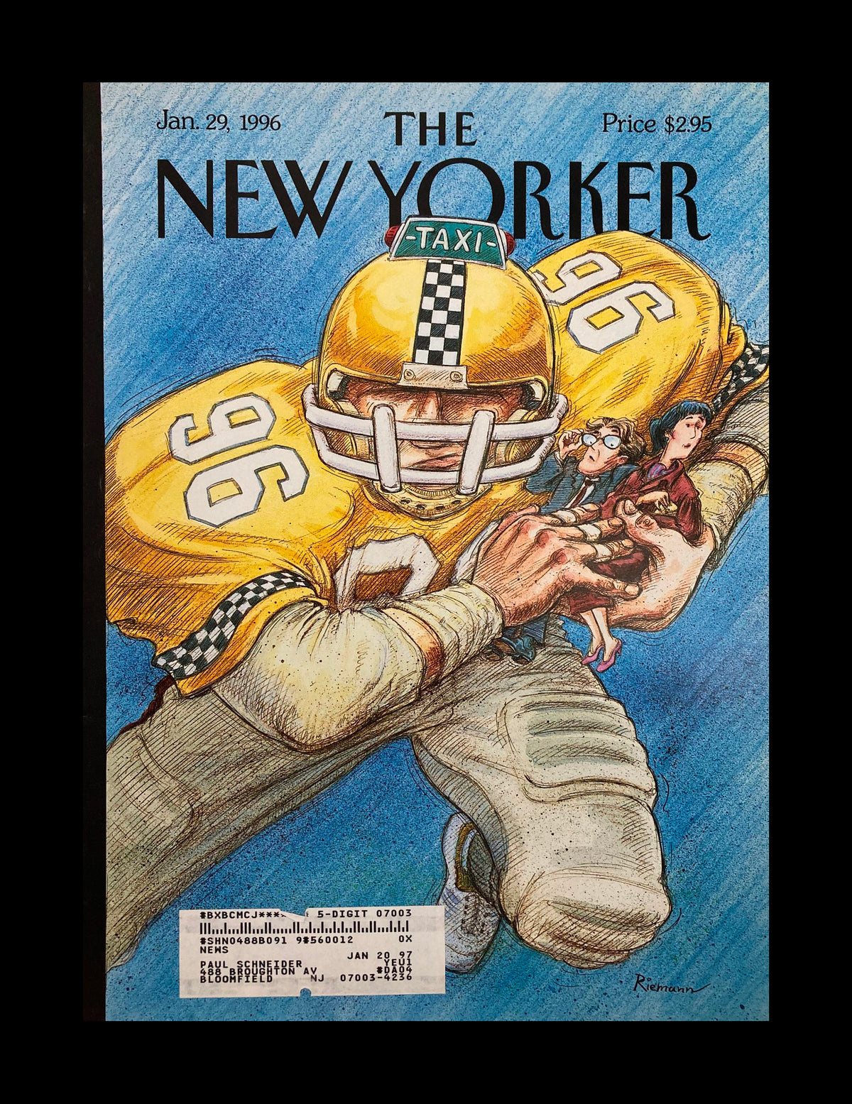 Cover of The New Yorker magazine dated January 29, 1996, featuring an illustration by George Riemann, depicting a football player in a yellow taxi helmet, capturing the essence of New York City cabs.