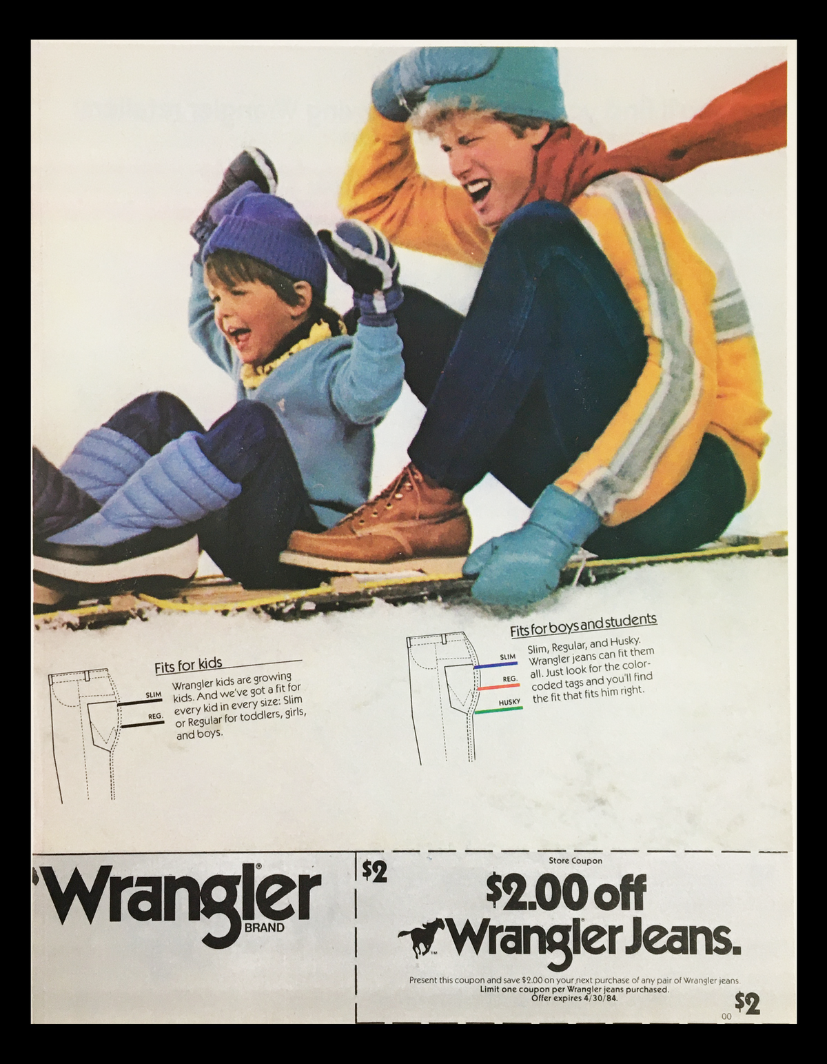 1984 Wrangler Brand Jeans Circular Coupon Advertisement featuring a child enjoying winter activities while wearing Wrangler jeans, showcasing the brand's fit for kids and students, with the coupon offer of $2 off displayed.
