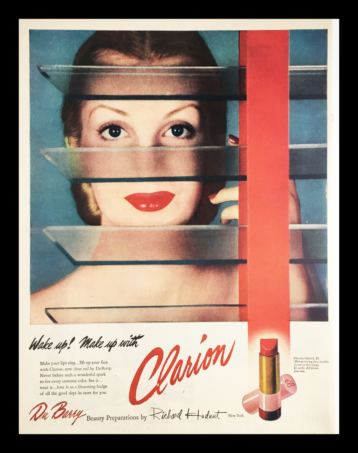 1945 Du Barry Clarion Lipstick Vintage Print Ad featuring a model with elegant makeup, showcasing vibrant lipstick and classic 1940s fashion elements, emphasizing beauty and glamour of the era.