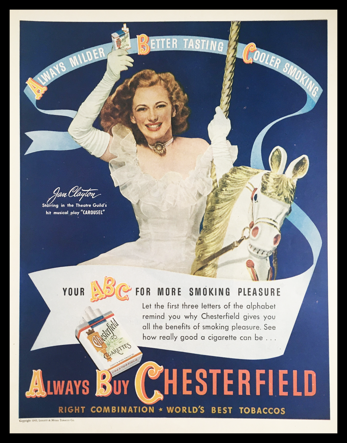 1945 Chesterfield Cigarettes Best Tobaccos Vintage Print Ad featuring a woman in a vintage dress smiling while holding a cigarette. The advertisement emphasizes the qualities of Chesterfield with catchphrases and a playful design, capturing the nostalgia of mid-20th century cigarette marketing.