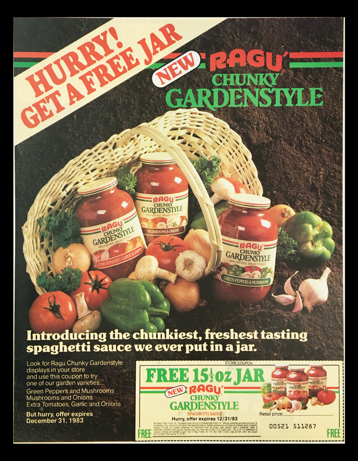 1983 Ragu Chunky Gardenstyle Spaghetti Sauce Circular Coupon Advertisement featuring jars of spaghetti sauce with vegetables in a basket and promotional text encouraging customers to hurry for a free jar.