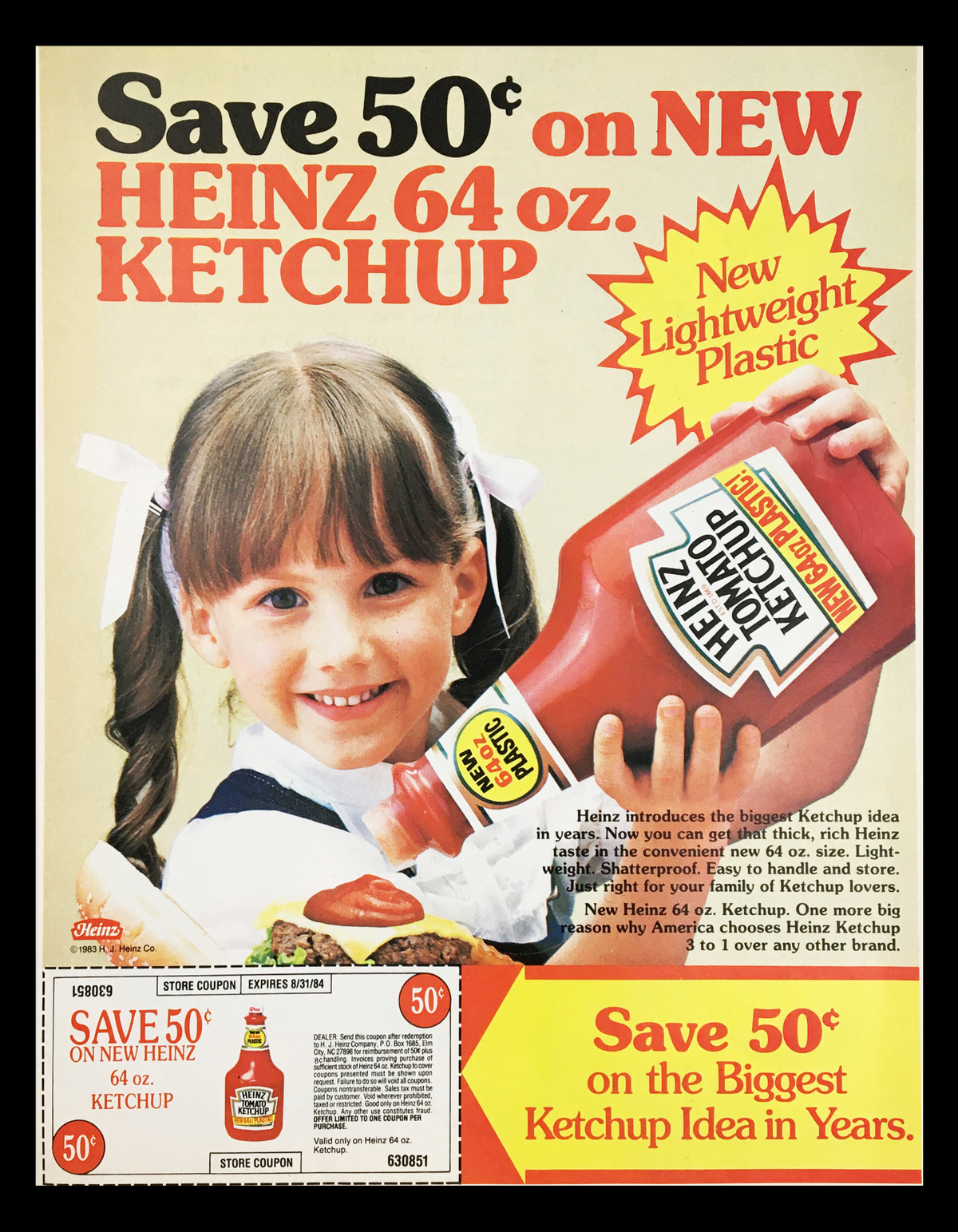 1984 Heinz Tomato Ketchup in Plastic Bottle Circular Coupon Advertisement featuring a girl holding a ketchup bottle with promotional text highlighting savings on new lightweight 64 oz. plastic ketchup.