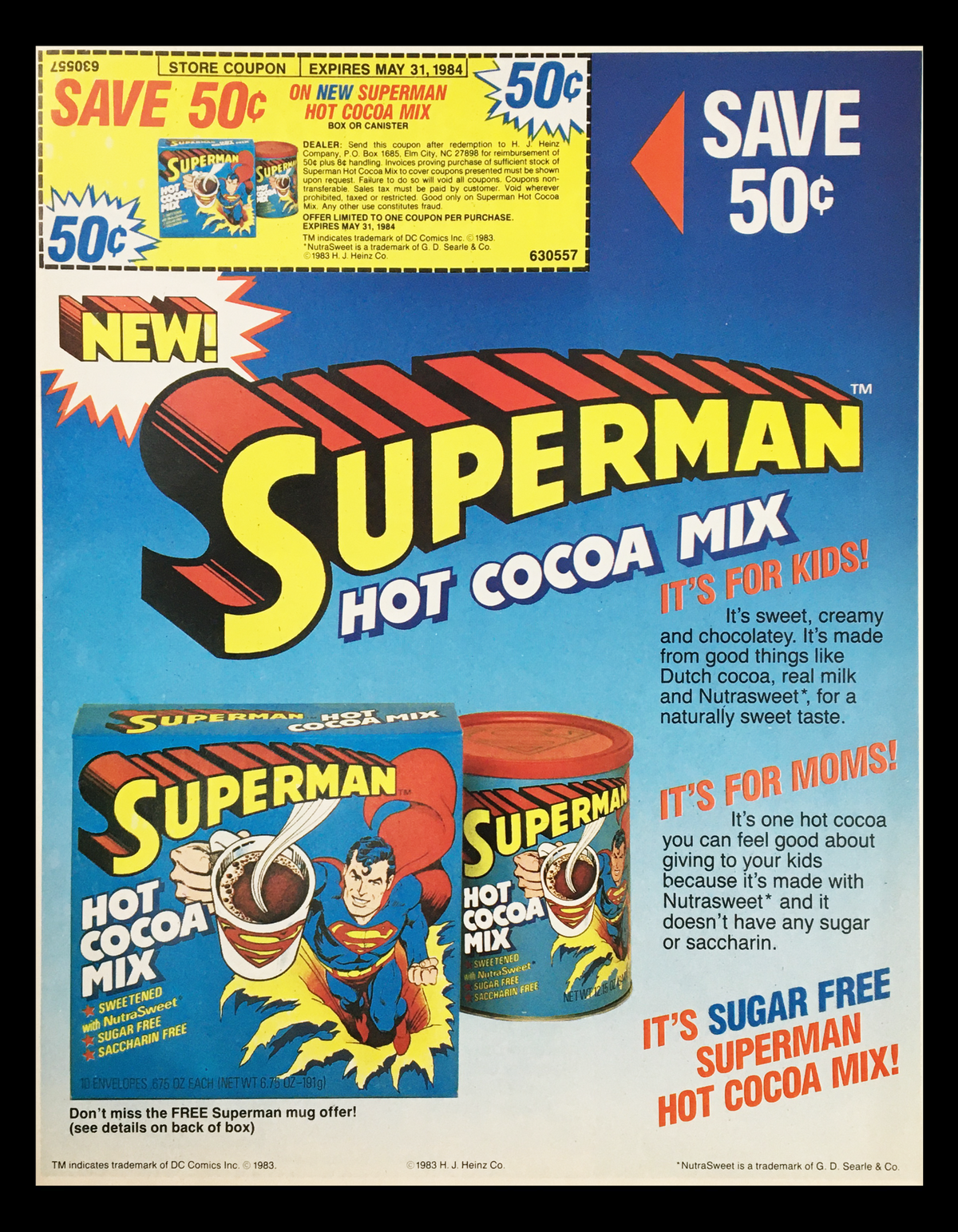 1983 Superman Hot Cocoa Mix Circular Coupon Advertisement showcasing the Superman character and promotional offer for a discount on hot cocoa mix, capturing the nostalgia of vintage collectibles.
