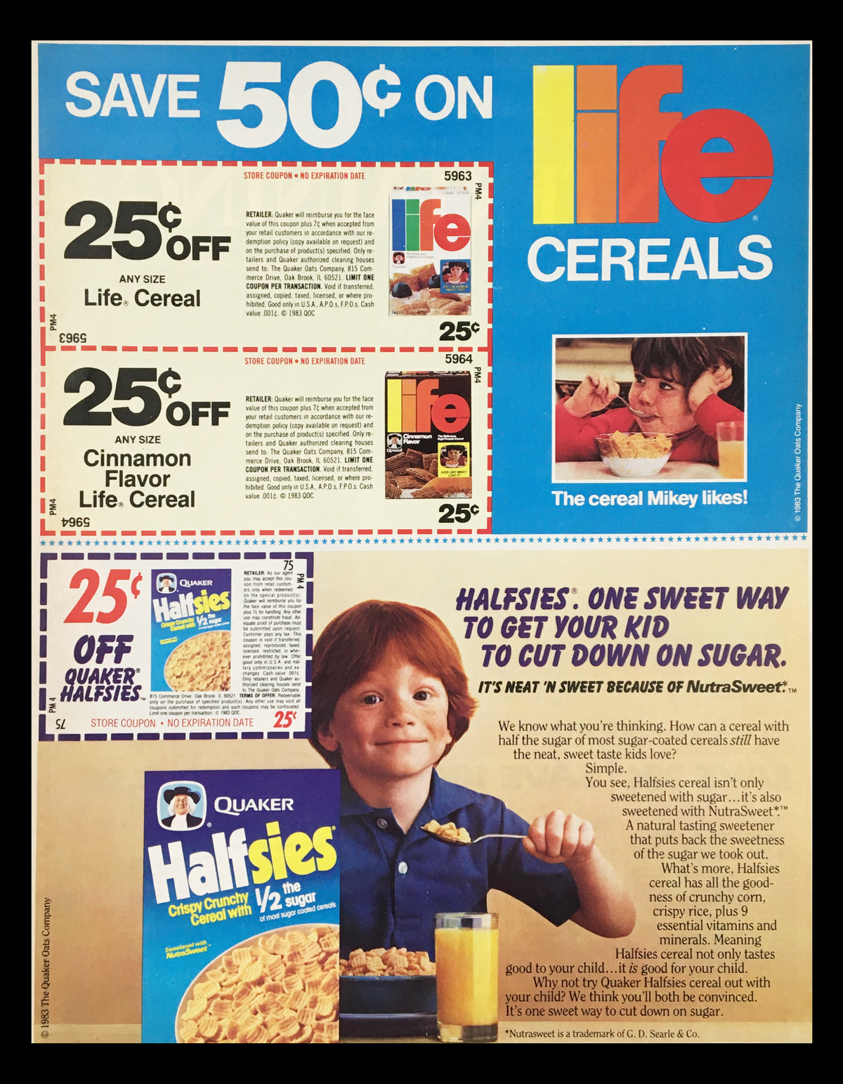 1983 Quaker Halfsies Crispy Crunchy Cereals Circular Coupon Advertisement showcasing a promotional offer with coupons for Life cereals and a featured image of Halfsies cereal with a young boy holding the box.