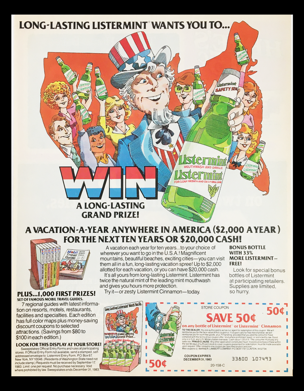 1983 Listermint Mouthwash and Gargle Oral Care Circular Coupon Advertisement featuring a colorful illustration of a character encouraging consumers to win cash prizes and vacations.