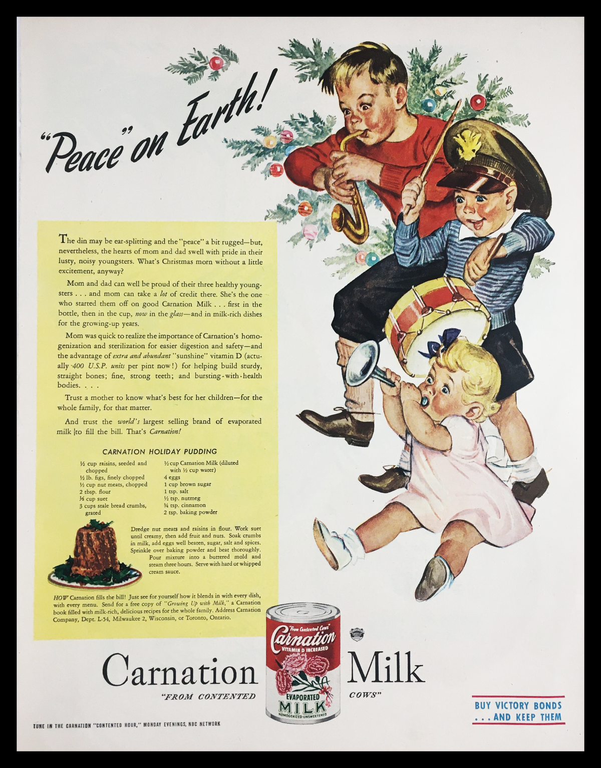 1945 Carnation Evaporated Cow's Milk Vintage Print Ad featuring children engaged in holiday festivities with musical instruments. The ad promotes the versatility of Carnation Milk with nostalgic imagery and warm sentiments evoking the spirit of family gatherings.