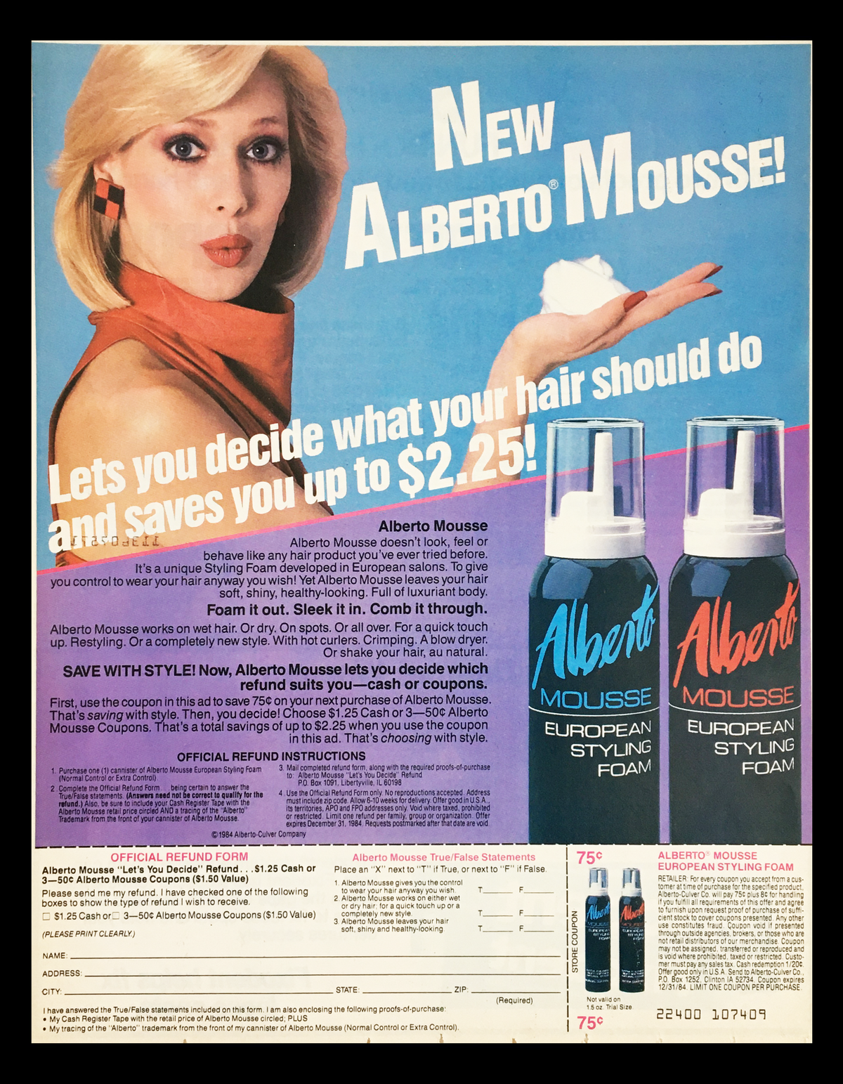 1984 Alberto Mousse European Styling Foam Circular Coupon Advertisement featuring a model with styled hair applying mousse, showcasing the product with details of a $2.25 saving offer.