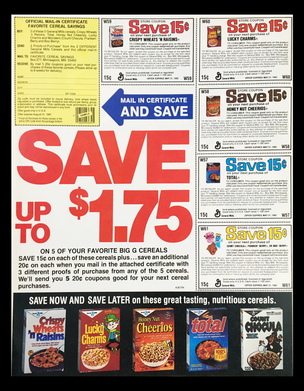 1982 General Mills Favorite Big G Cereals Circular Coupon Advertisement featuring various cereal coupons, including offers for Lucky Charms, Honey Nut Cheerios, and more, showcasing a promotional savings opportunity.