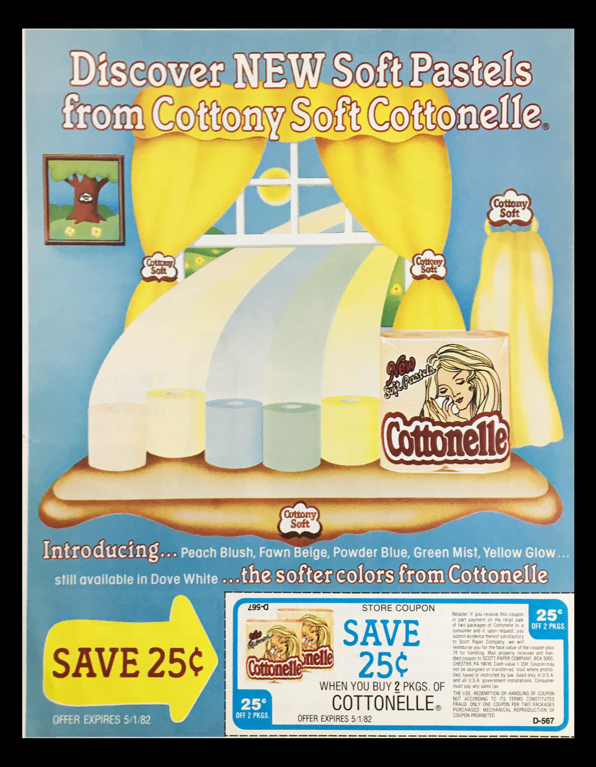 1982 Cottony Soft Cottonelle Circular Coupon Advertisement showcasing new soft pastels with an illustration of a bedroom window and a coupon offering 25 cents off, in good condition.