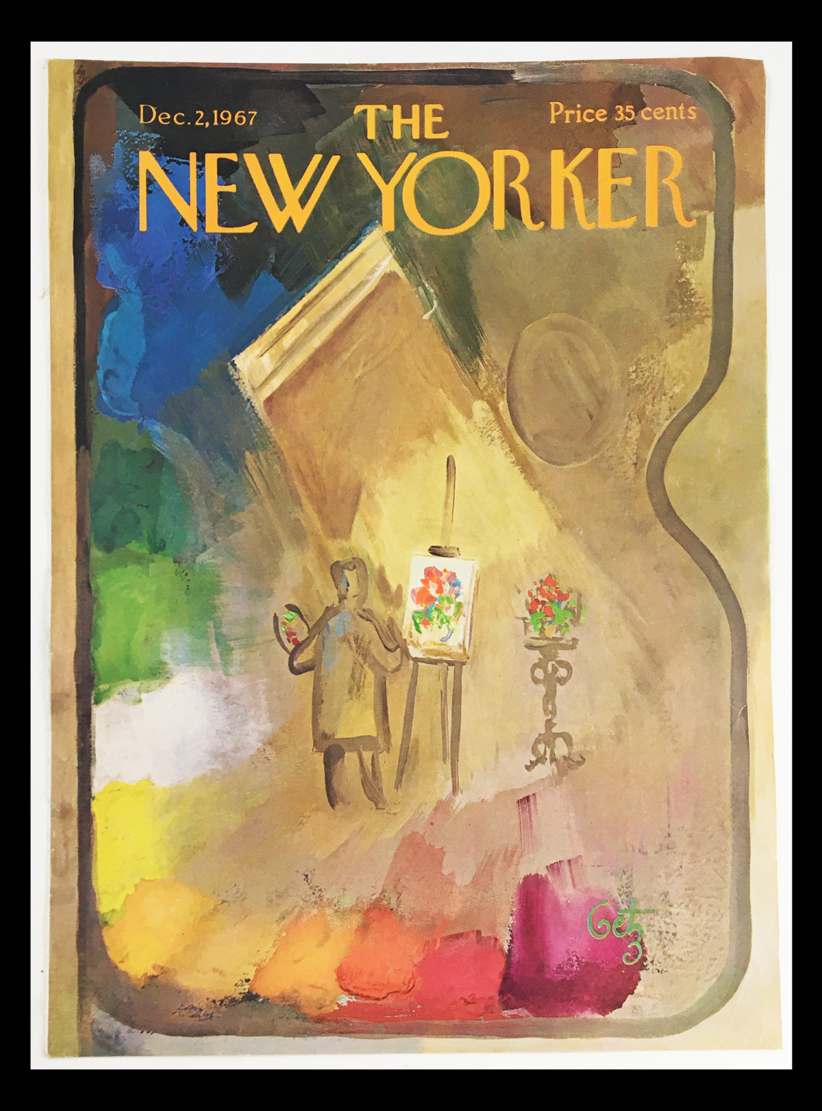 Cover only of The New Yorker magazine from December 2, 1967, featuring abstract art by Arthur Getz with vibrant colors and an artist at work.