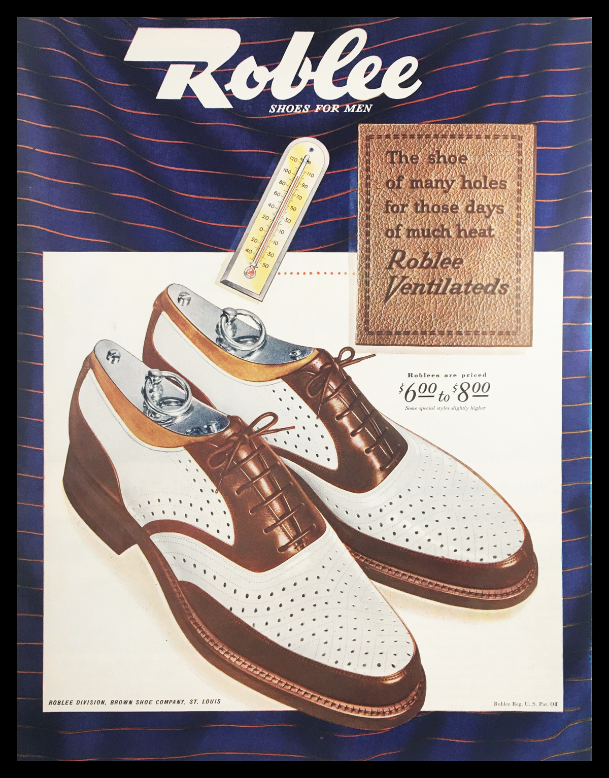 1945 Roblee Ventilated Shoes for Men Vintage Print Ad showcasing stylish two-tone shoes designed for comfort, featuring perforated details and a classic design, indicative of mid-century fashion trends.