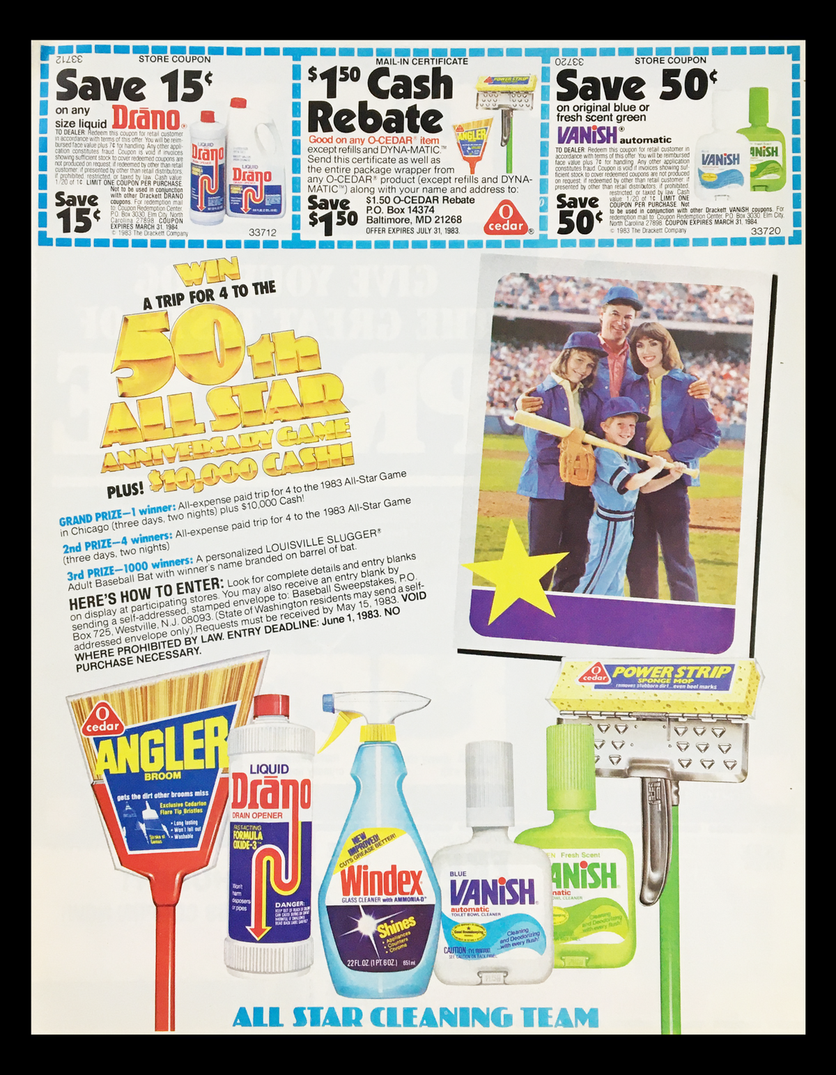 1983 Cedar All-Star Cleaning Game Circular Coupon Advertisement showcasing various cleaning products and a contest for a trip to the All-Star Anniversary Game.