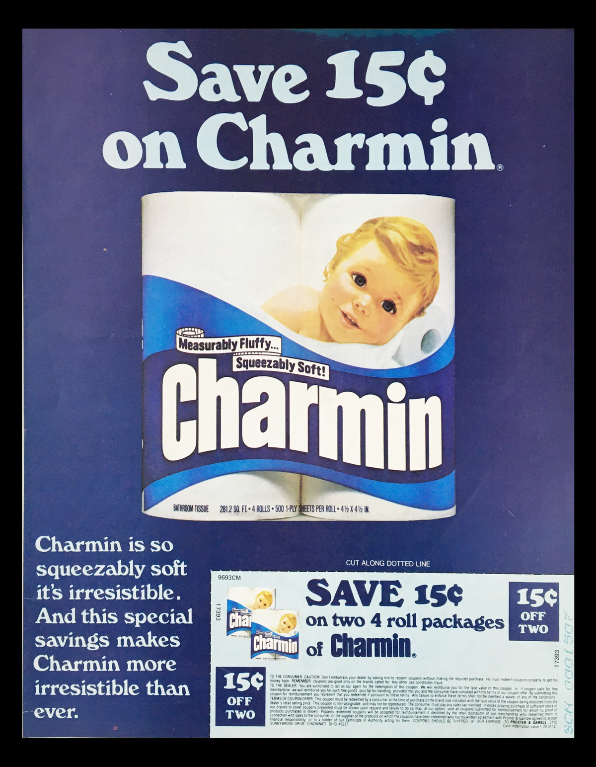 1983 Charmin Two 4 Roll Package Circular Coupon Advertisement featuring a baby beside a Charmin toilet paper package, highlighting a savings offer.